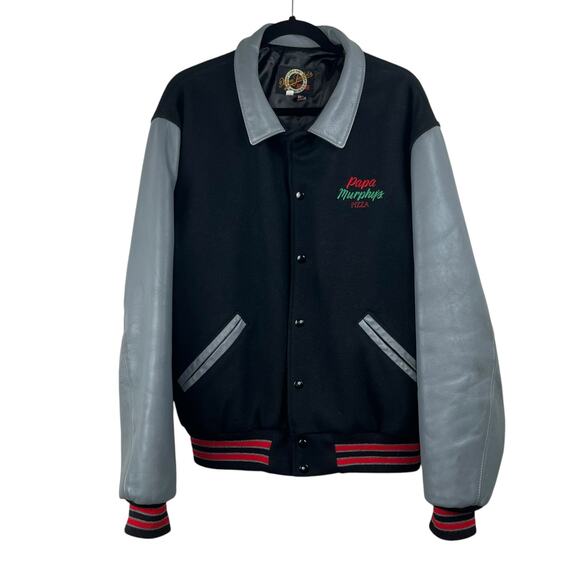 1990 Vintage Dehen Papa Murphys Black Gray Leather Wool Varsity Bomber Jacket XL - Picture 1 of 15